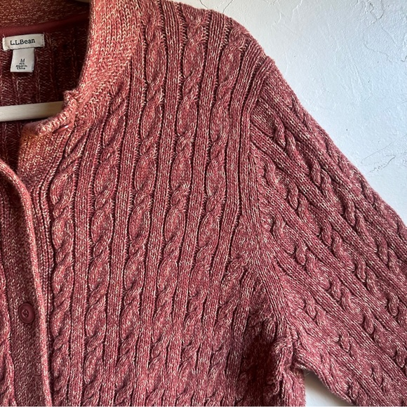 LL Bean Long Cable Knit 100% Cotton Cardigan Heathered Red Sz M Fisherman Preppy - Picture 4 of 12